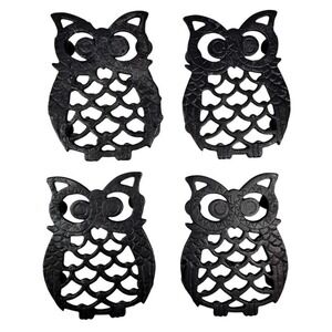 Set‎ of 4 Cast Iron Owl Trivets Black Rustic Kitchen Decor 5.5" x 4"